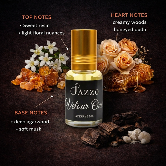 Jazzo Velour Oud Natural Attar for Men & Women | Luxury Agarwood, Honeyed Oud & Musk Perfume Oil | Alcohol-Free Long Lasting Fragrance – 5ml (VLO-015ML)
