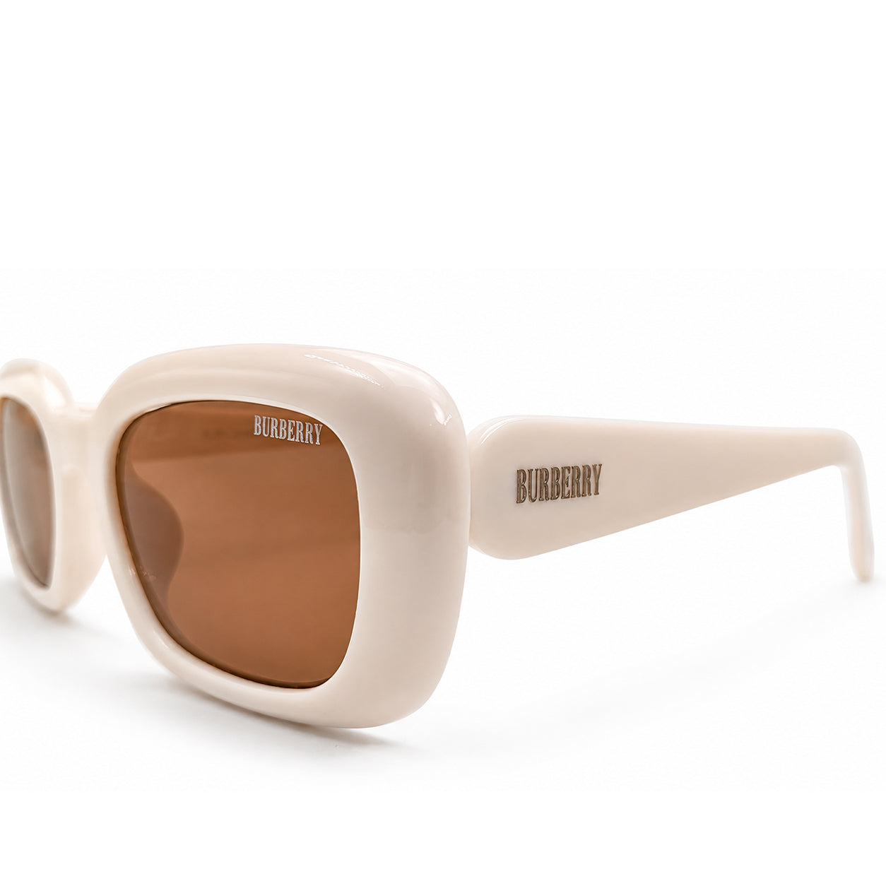 Burberry 3783 Luxury Bold Square Sunglasses – Glossy Cream Acetate with Silver Burberry Temple Branding & Brown UV Protection Lenses
